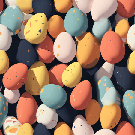 Many colorful speckled Easter eggs creating a festive spring holiday background. Colorful speckled...