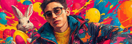 Anthropomorphic bunny wearing colorful jacket, surrounded by paint splatters and festive eggs....