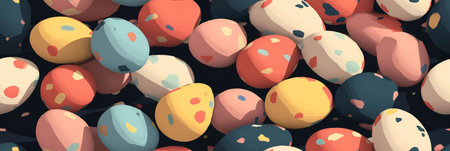 Many colorful speckled Easter eggs creating a festive spring holiday background. Colorful speckled...