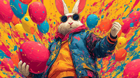 Anthropomorphic bunny wearing colorful jacket, surrounded by paint splatters and festive eggs. Easter poster. Cool Easter bunny wearing sunglasses holding decorated eggの写真素材