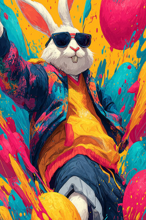 Anthropomorphic bunny wearing colorful jacket, surrounded by paint splatters and festive eggs. Easter poster. Cool Easter bunny wearing sunglasses holding decorated eggの写真素材