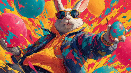 Anthropomorphic bunny wearing colorful jacket, surrounded by paint splatters and festive eggs. Easter poster. Cool Easter bunny wearing sunglasses holding decorated eggの写真素材