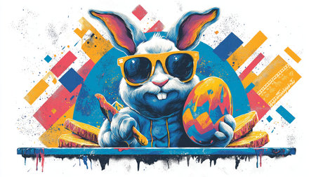 Cartoon rabbit wearing sunglasses holding a colorful graffiti-painted Easter egg with traditional food. Cool cartoon rabbit wearing sunglasses holding Easter egg posterの写真素材