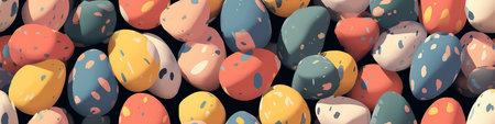 Many colorful speckled Easter eggs creating a festive spring holiday background. Colorful speckled Easter eggs forming abstract spring seamless patternの写真素材
