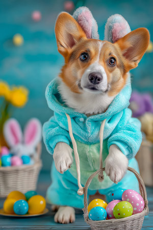 Corgi dog wearing bunny ears and a blue costume holding an Easter egg basket. Corgi dog celebrating...