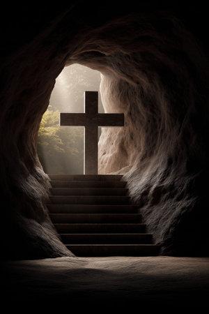 Stone cross standing on steps inside a dark cave opening with bright light. Easter poster. Cross on stairs leading from dark cave into lightの写真素材