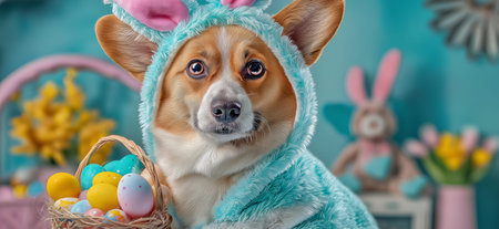 Corgi dog wearing bunny ears and a blue costume holding an Easter egg basket. Corgi dog celebrating...