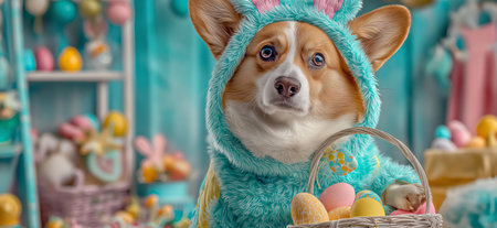 Corgi dog wearing bunny ears and a blue costume holding an Easter egg basket. Corgi dog celebrating Easter holding colorful eggs basketの写真素材