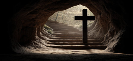 Stone cross standing on steps inside a dark cave opening with bright light. Easter poster. Cross on stairs leading from dark cave into lightの写真素材