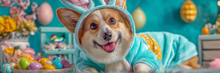 Corgi dog wearing bunny ears and a blue costume holding an Easter egg basket. Corgi dog celebrating Easter holding colorful eggs basketの写真素材