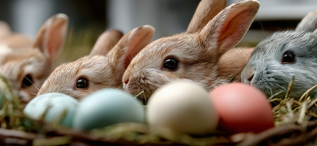 Baby bunnies peeking from behind a nest filled with colorful Easter eggs, celebrating spring. Cute baby bunnies gathering around pastel Easter eggsの写真素材