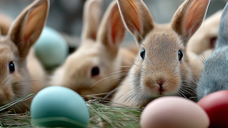 Baby bunnies peeking from behind a nest filled with colorful Easter eggs, celebrating spring. Cute baby bunnies gathering around pastel Easter eggsの写真素材
