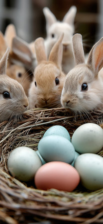 Baby bunnies peeking from behind a nest filled with colorful Easter eggs, celebrating spring. Cute baby bunnies gathering around pastel Easter eggsの写真素材