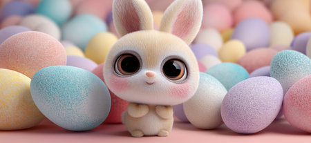 Cute kawaii bunny sitting among colorful frosted Easter eggs with big eyes. Cute Easter bunny surrounded by pastel eggs wallpaperの写真素材