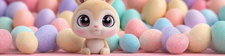 Cute kawaii bunny sitting among colorful frosted Easter eggs with big eyes. Cute Easter bunny...