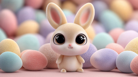 Cute kawaii bunny sitting among colorful frosted Easter eggs with big eyes. Cute Easter bunny surrounded by pastel eggs wallpaperの写真素材