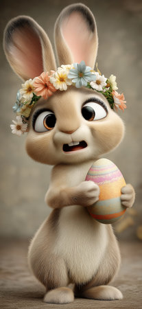 Cartoon rabbit wearing a flower wreath and smiling, celebrating Easter with a decorated egg. Cute cartoon rabbit holding colorful Easter eggの写真素材
