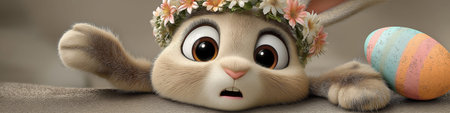 Cartoon rabbit wearing a flower wreath and smiling, celebrating Easter with a decorated egg. Cute...