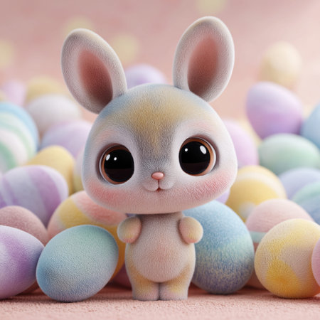 Cute kawaii bunny sitting among colorful frosted Easter eggs with big eyes. Cute Easter bunny surrounded by pastel eggs wallpaperの写真素材