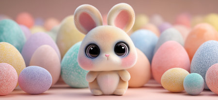 Cute kawaii bunny sitting among colorful frosted Easter eggs with big eyes. Cute Easter bunny surrounded by pastel eggs wallpaperの写真素材