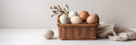 Wicker basket holding natural eggs and pussy willow on a neutral background with copy space. Easter background. Easter basket with natural eggs and pussy willowの写真素材