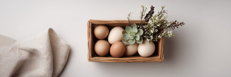 Wicker basket holding natural eggs and pussy willow on a neutral background with copy space. Easter...