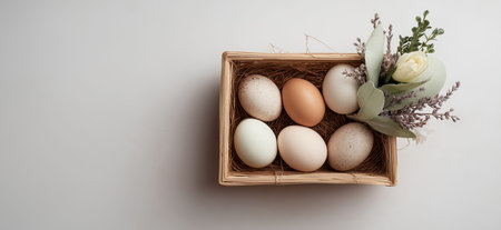 Wicker basket holding natural eggs and pussy willow on a neutral background with copy space. Easter background. Easter basket with natural eggs and pussy willowの写真素材