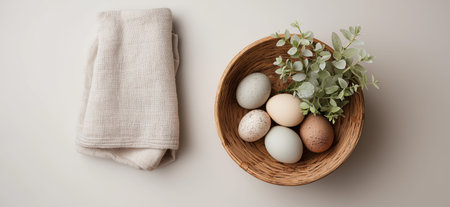 Wicker basket holding natural eggs and pussy willow on a neutral background with copy space. Easter background. Easter basket with natural eggs and pussy willowの写真素材