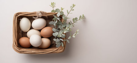 Wicker basket holding natural eggs and pussy willow on a neutral background with copy space. Easter background. Easter basket with natural eggs and pussy willowの写真素材