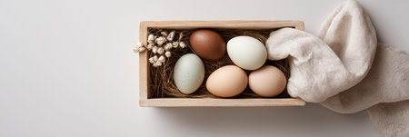 Wicker basket holding natural eggs and pussy willow on a neutral background with copy space. Easter background. Easter basket with natural eggs and pussy willowの写真素材