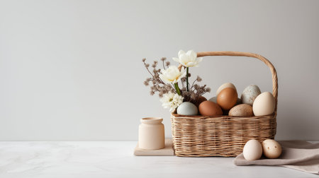 Wicker basket holding natural eggs and pussy willow on a neutral background with copy space. Easter background. Easter basket with natural eggs and pussy willowの写真素材