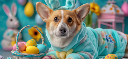 Corgi dog wearing bunny ears and a blue costume holding an Easter egg basket. Corgi dog celebrating Easter holding colorful eggs basketの写真素材