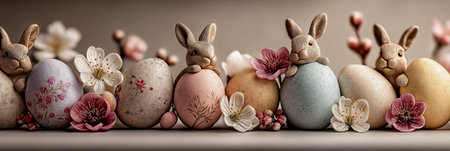 Easter bunnies and colorful eggs arranged with delicate spring blossoms on a grey backdrop. Easter bunnies and eggs with spring blossoms celebrating holidayの写真素材