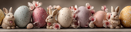 Easter bunnies and colorful eggs arranged with delicate spring blossoms on a grey backdrop. Easter bunnies and eggs with spring blossoms celebrating holidayの写真素材