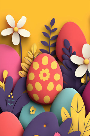 Colorful paper cut scene with a white rabbit, striped egg, and flowers celebrating Easter. Easter bunny and egg in paper cut spring garden greeting cardの写真素材