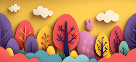 Colorful paper cut scene with a white rabbit, striped egg, and flowers celebrating Easter. Easter bunny and egg in paper cut spring garden greeting cardの写真素材