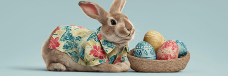 Easter bunny wearing colorful Hawaiian shirt holding a basket of patterned Easter eggs. Easter wallpaper. Easter bunny wearing Hawaiian shirt holding eggs basketの写真素材