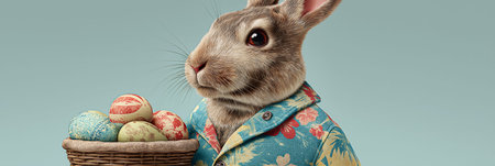 Easter bunny wearing colorful Hawaiian shirt holding a basket of patterned Easter eggs. Easter wallpaper. Easter bunny wearing Hawaiian shirt holding eggs basketの写真素材