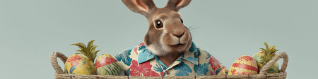 Easter bunny wearing colorful Hawaiian shirt holding a basket of patterned Easter eggs. Easter...