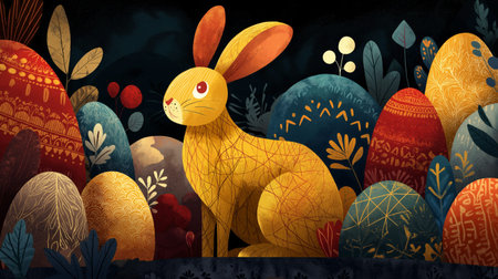 Happy rabbit and decorated Easter eggs among stylized plants, celebrating spring. Easter poster....