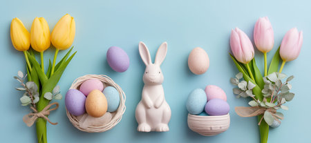 Easter eggs, ceramic bunnies, and tulips arranging on a pastel blue background with copy space....