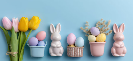 Easter eggs, ceramic bunnies, and tulips arranging on a pastel blue background with copy space....