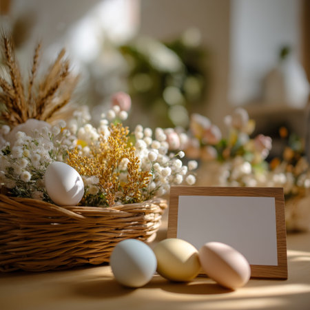Wicker basket holding decorated Easter eggs and spring flowers on a festive holiday table. Easter...