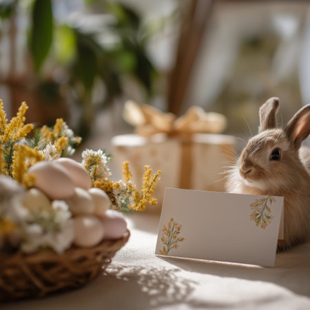 Wicker basket holding decorated Easter eggs and spring flowers on a festive holiday table. Easter background. Easter celebration table setting with decorated eggsの写真素材