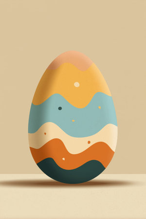 Easter egg with colorful stripes standing on a neutral background, creating a festive holiday...