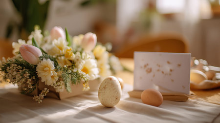 Wicker basket holding decorated Easter eggs and spring flowers on a festive holiday table. Easter background. Easter celebration table setting with decorated eggsの写真素材