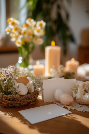 Wicker basket holding decorated Easter eggs and spring flowers on a festive holiday table. Easter...