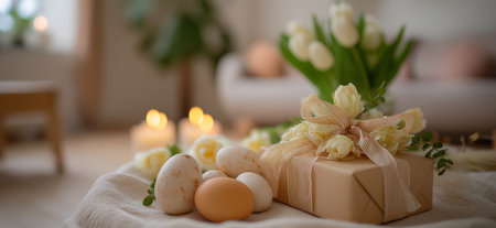 Wicker basket holding decorated Easter eggs and spring flowers on a festive holiday table. Easter background. Easter celebration table setting with decorated eggsの写真素材