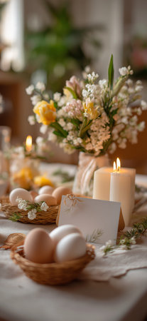 Wicker basket holding decorated Easter eggs and spring flowers on a festive holiday table. Easter background. Easter celebration table setting with decorated eggsの写真素材