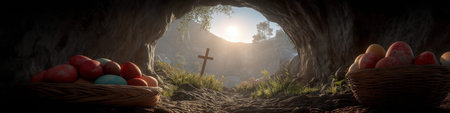 Woven basket with Easter eggs inside a cave looking out at a cross and rising sun. Easter wallpaper. Easter eggs in front of empty tomb seeing crossの写真素材